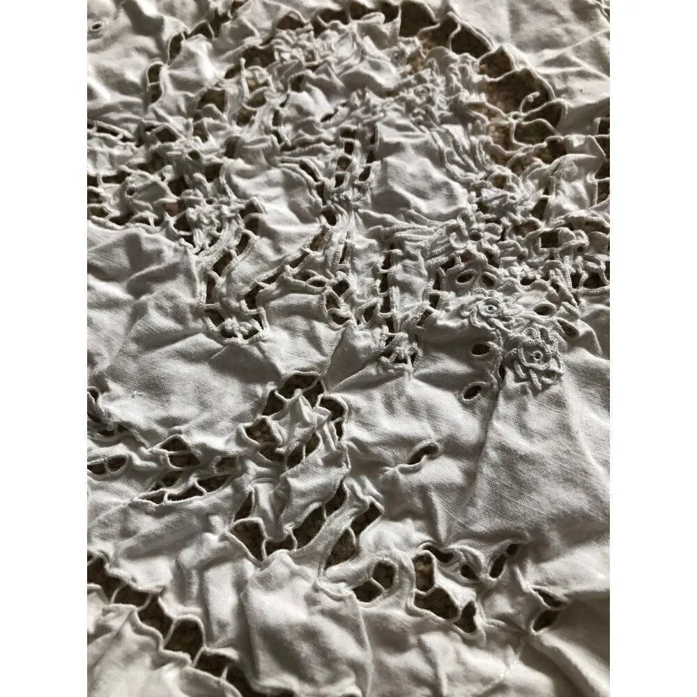 Vintage Hand Embroidered Pillowcase White Cut Work 25” x 23”